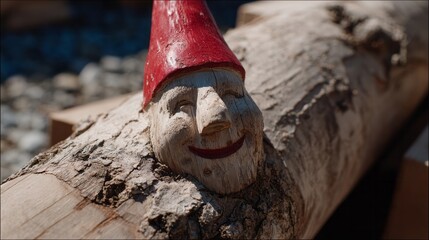 Wood-carved gnome emerging from rustic log, echoing surreal folklore charm, reminiscent of Icelandic Jolabokaflo and Finnish Kalevala