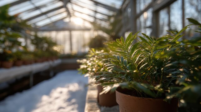 Sunlit greenhouse whispers secrets of verdant foliage, echoing Earth Day serenity and hidden tales of horticultural zen