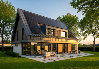Fototapeta premium Modern a-frame house with large windows and outdoor living space