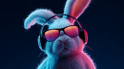Neon-lit rabbit facing forward, wearing mirrored glasses and large headphones for a cool vibe today