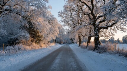 Obraz premium Frozen winter wonderland whispers ancient tales, hygge warmth amid Solstice dreams, snow-laced branches cradle the chilled path