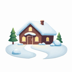 Naklejka premium Snow-covered cabin with warm glowing windows and snow path in winter 