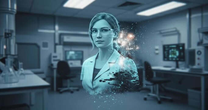 Holographic projection of a female scientist materializing in a futuristic high-tech laboratory.