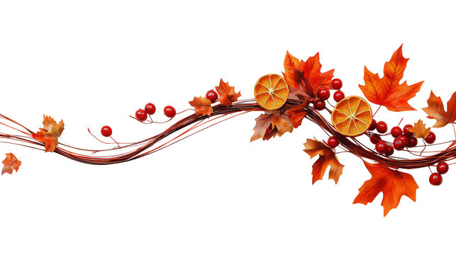 Warm festive autumn garland decor features maple leaves, berries, and dried orange slices