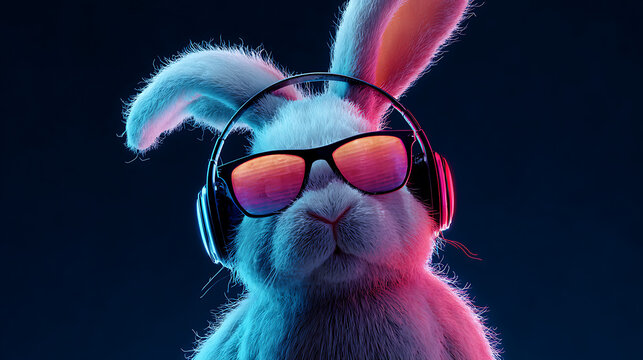 Neon-lit rabbit facing forward, wearing mirrored glasses and large headphones for a cool vibe today
