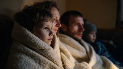Cozy family cocooned in wool blankets, Nordic film night magic, ambiance of hygge, savoring winter solstice warmth together