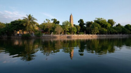 Tranquil pagoda reflection whispers tales of Moon Festival serenity and hidden dragon myths beside the rippling river