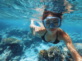 Fototapeta premium サンゴ礁の海中をシュノーケリングで泳ぎながら笑顔を見せる水着姿の日本人女性