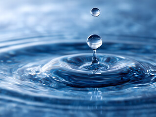 青い水面に水滴が落ちて水柱が立つ瞬間を捉えた静かでクリアなイメージのマクロ写真素材