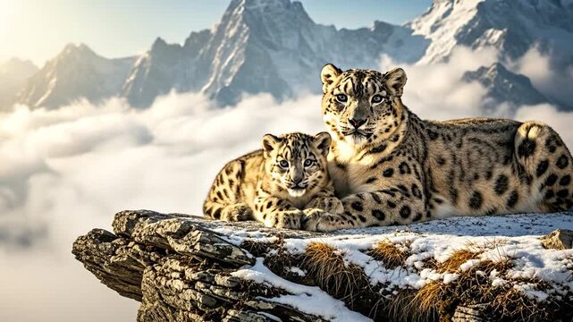 Snow leopard and cub rest on Himalayas ledge, clouds swirling below, majestic scene