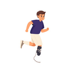 Kid with prosthetic leg run on race. Little smiling boy kid cartoon character with bionic leg running vector illustration isolated on white. Inclusive children with disability. World disability day.