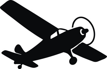 retro airplane in mid-flight with propeller visible, solid black silhouette