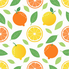 Lovely colorful vector seamless pattern with cute oranges, lemons and leaves in bright colors.