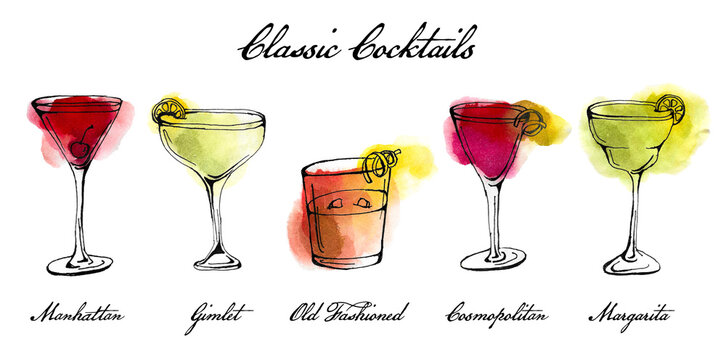 Set of classic cocktail illustrations, hand drawn, watercolour
