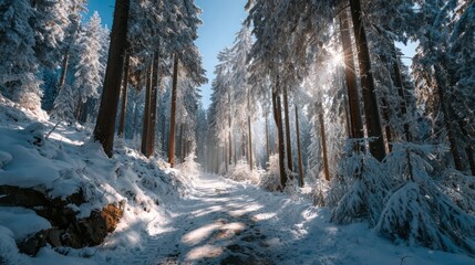 Snow-draped forest whispering quiet solstice secrets, where crystalline paths beckon wanderers celebrating Midwinter and Nordic Yule festivities