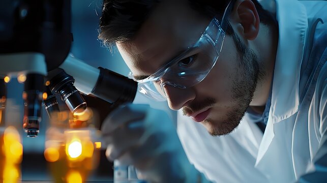 Young male scientist in protective eyewear examining sample through microscope in modern laboratory with dramatic blue lighting and glowing equipment.