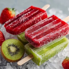 Colorful fruit popsicles resting on ice with strawberries and kiwi nearby in bright lighting