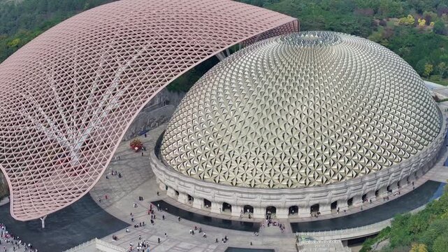 Aerial view of Usnisa Palace in, which features a unique dome and shell structure, Nanjing, China.
