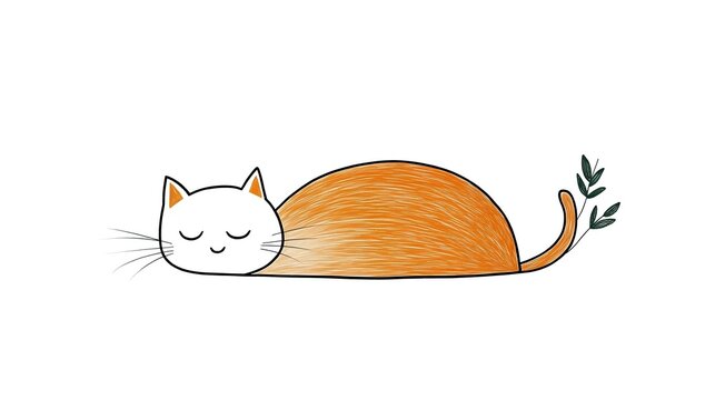 Minimalist sleeping orange cat with closed eyes and plant twig tail decoration, hand drawn style illustration on white background, isolated design element. - Powered by Adobe