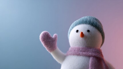 Obraz premium Whimsical plush snowman waves under twilight hues, evoking Winter Solstice cheer and the playful coziness of Hygge