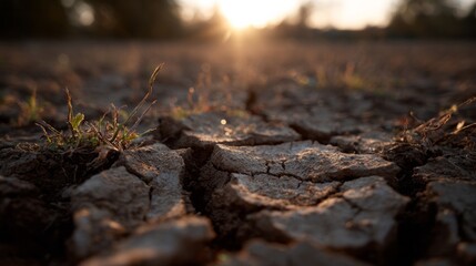 Cracked earth whispering drought tales under a setting sun, echoing World Water Day and Earth Days resilient spirit