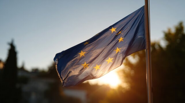 Twilight sun kisses European Union flag, twilight unity, Europa Day celebration, global community, serene harmony illustration