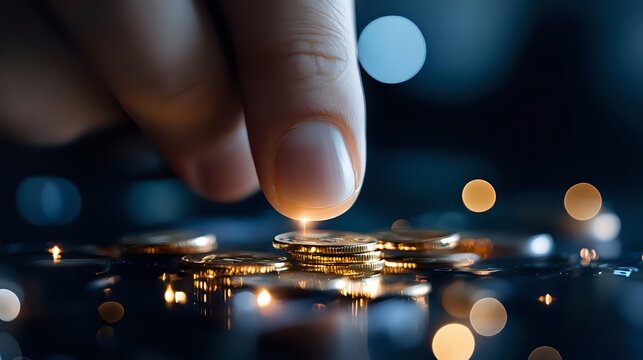 Stacked golden coins with finger touching, illuminated by soft bokeh lights creating magical financial atmosphere against dark background. For business concepts.