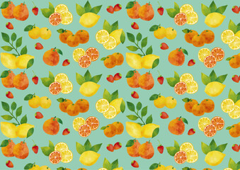 水彩風 冬の柑橘類（イチゴ・ユズ・デコポン・レモン・ミカン）のパターン Winter Fruits Series:Watercolor winter citrus fruits (strawberry, yuzu, dekopon, lemon, mandarin orange) pattern