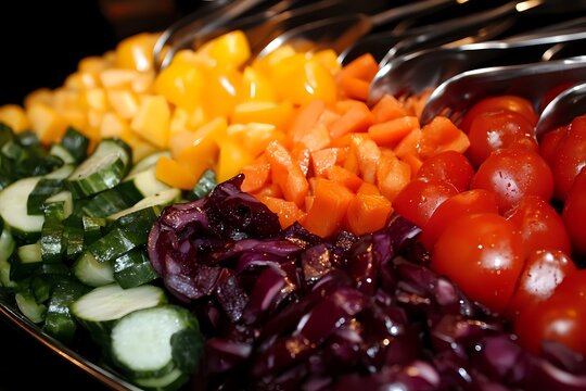 Fresh colorful vegetables sliced and arranged in rows including cucumbers, red cabbage, carrots, yellow peppers and cherry tomatoes on dark platter for salad preparation.