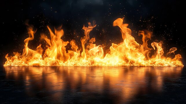 Dramatic line of bright orange flames burning on reflective dark surface with glowing sparks and smoke rising against black background. For dramatic design projects.
