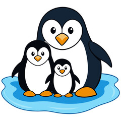 Obraz premium Cartoon penguin family standing on ice in a cheerful pose 