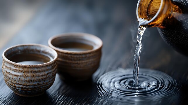 Pouring clear sake into traditional ceramic cups on dark wooden table with dramatic splash and ripple effect captured in motion photography. - Powered by Adobe