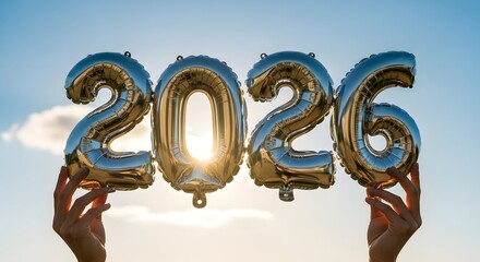 Embrace the Future Hands holding shimmering 2026 balloons against a bright, hopeful sky, symbolizing new beginnings, aspirations, and the anticipation of a celebratory new year ahead