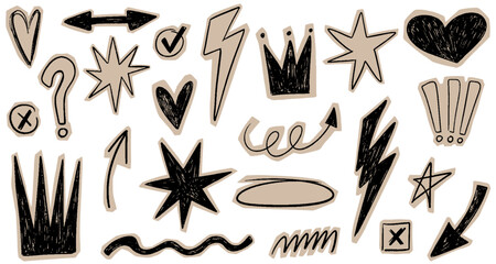 Cut out crayon elements. Playful scrapbook doodle stars, arrows, crown, lightnings for collage and zine design. Vector torn craft paper shapes with funky scribbles with chalk strokes texture