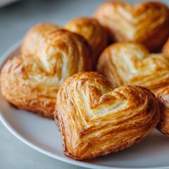 Fototapeta premium Freshly baked heart-shaped pastries on a white plate ready to be enjoyed in a cozy cafe setting