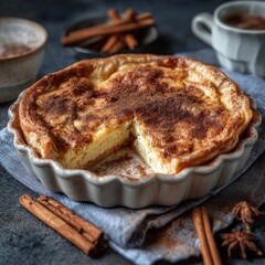 Delicious custard tart served with cinnamon sticks and warm beverages in a cozy kitchen setting