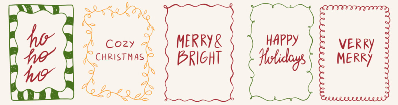 Vintage hand drawn Christmas frames. New Year design holiday chalk borders and decorations. Minimalist line art. Vector Trendy decoration borders for poster, placards and invitations.