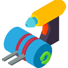 Isometric illustration of a blue and red cylinder device with a yellow top and a green circular arrow symbol on a transparent background