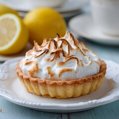 Delicious lemon meringue tart with a golden crust and fluffy topping on a white plate