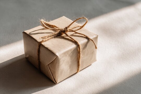 Small wrapped package resting on a surface with soft sunlight
