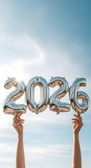 Balloons Forming the Year 2026 Against a Bright Blue Sky