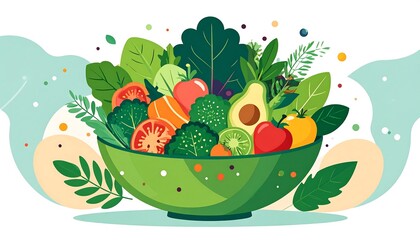 Vivid green bowl overflowing with an assortment of fresh vegetables against an abstract background