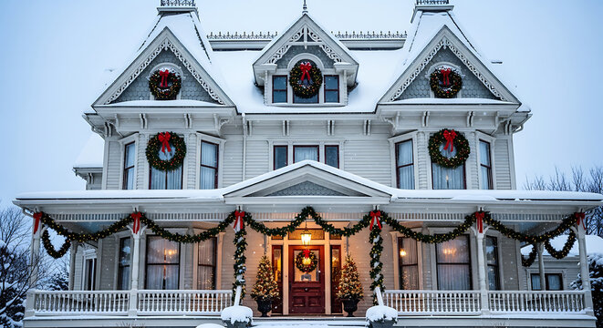 Festive victorian mansion covered in snow during winter holiday season