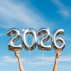 Hands lifting shiny silver balloons forming the year 2026 into a bright blue sky, symbolizing new year celebrations, future aspirations, and upcoming events
