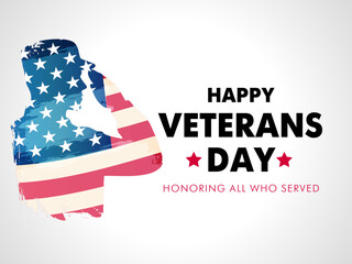 Happy Veterans Day with silhouette of an American soldier saluting. Social media banner concept with soldier and USA flag. Vector illustration
