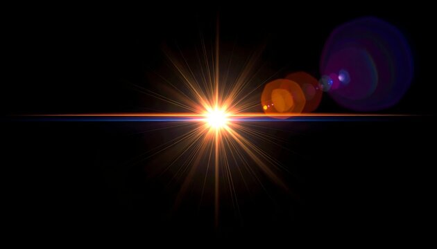 Vivid lens flare effect with bright gold starburst and colorful orb accents across a black background