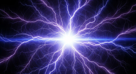 Vivid Burst of Electric Energy Radiating Outwards Dynamic Lightning Bolts and Bright Sparks Illuminate a Dark Background, Symbolizing Immense Power and Technological Force