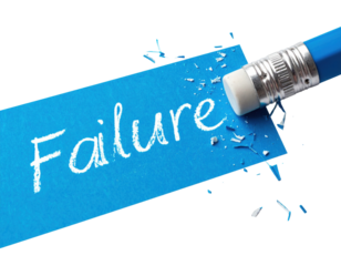 An eraser removing the word "Failure" from a blue piece of paper, illustrating the concept of overcoming obstacles.