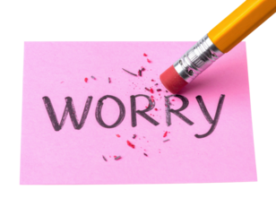 A pencil eraser is removing the word "WORRY" from a pink notepad, symbolizing the act of letting go of worries.