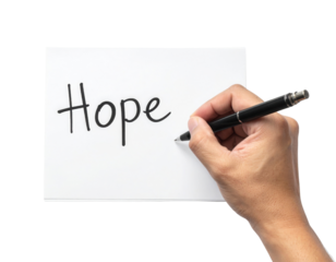 A hand writing the word "Hope" with a pen on a blank sheet of paper.